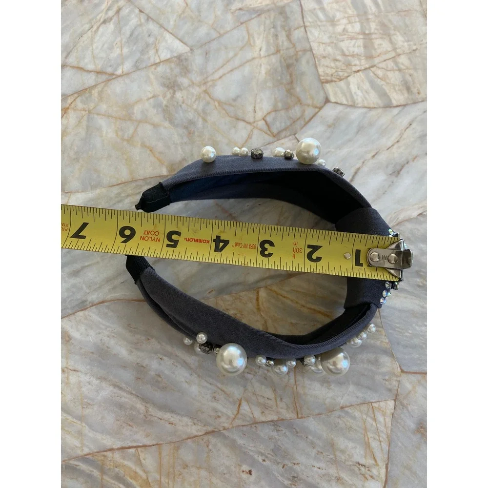 Charcoal Gray Knotted Headband with Faux Pearls Crystals and AB Rhinestones